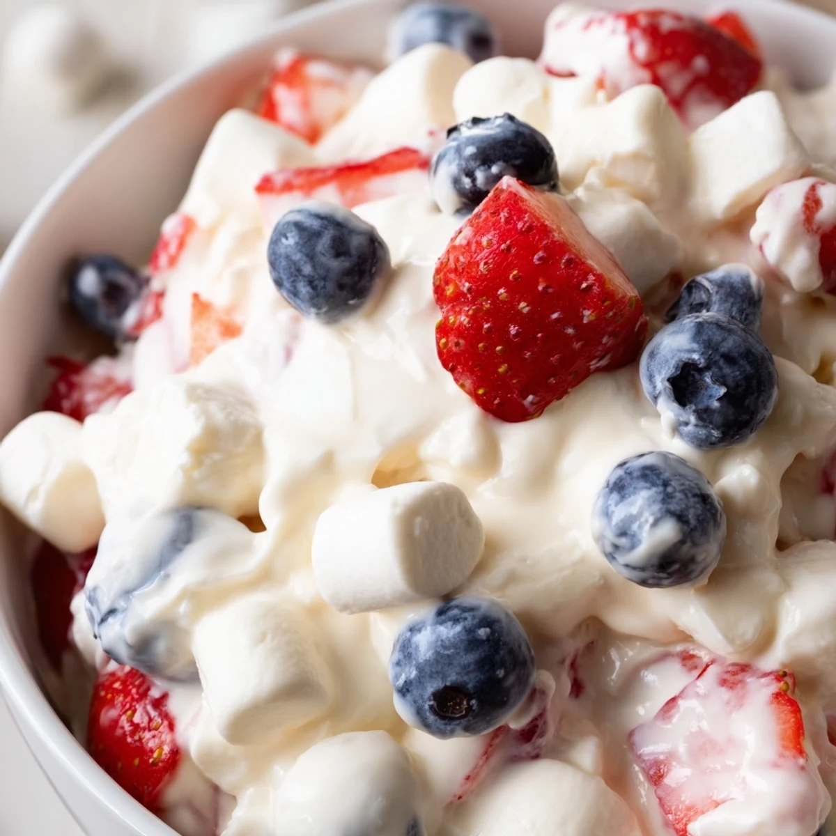 Creamy Red White Blue Cheesecake Salad loaded with fresh strawberries and blueberries in a fluffy bowl