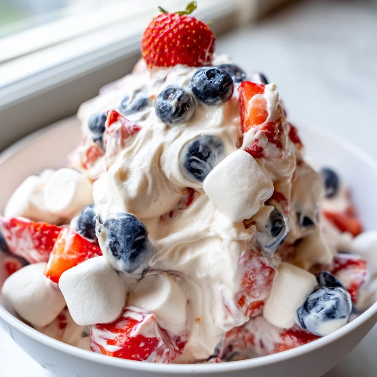 Luscious Red White Blue Cheesecake Salad scooped into a dessert glass with brightly coated seasonal fruit