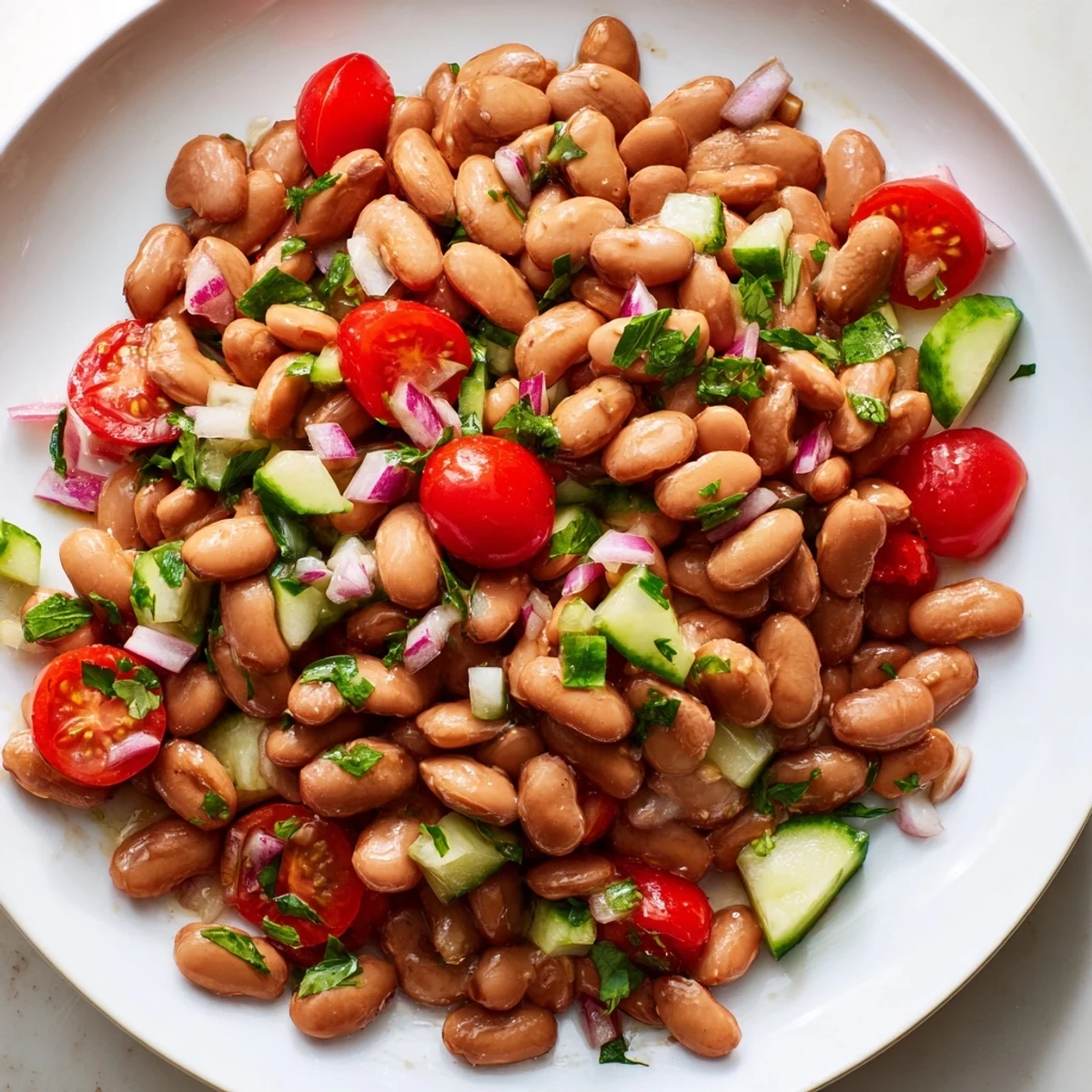 Colorful pinto bean salad with ripe tomatoes and cucumber in a white serving bowl