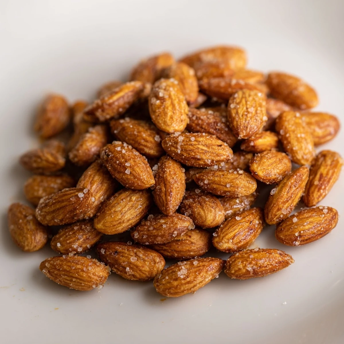 Golden roasted almonds seasoned with sea salt on a rustic parchment-lined baking sheet