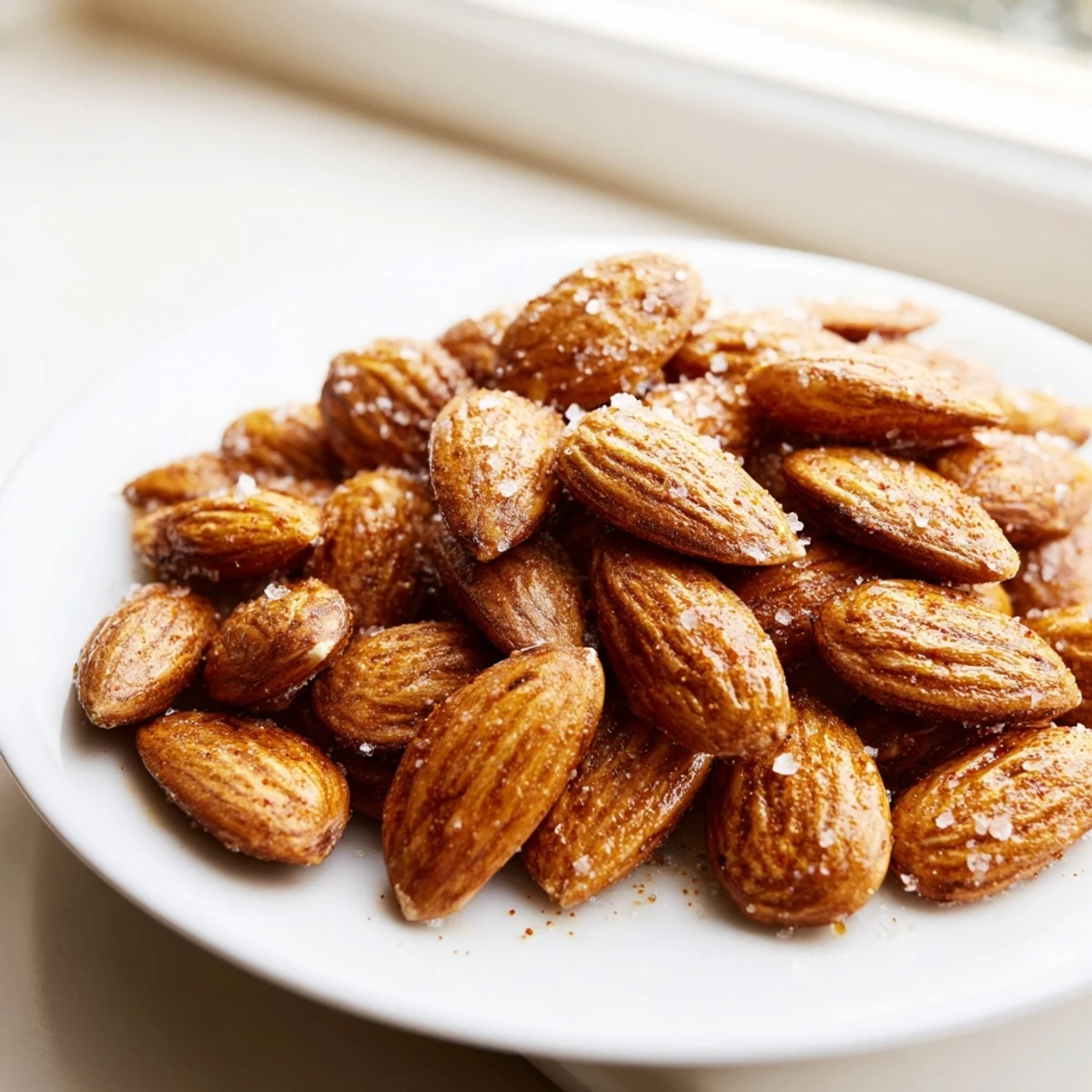 Warm smoked paprika roasted almonds piled in a ceramic bowl for snacking