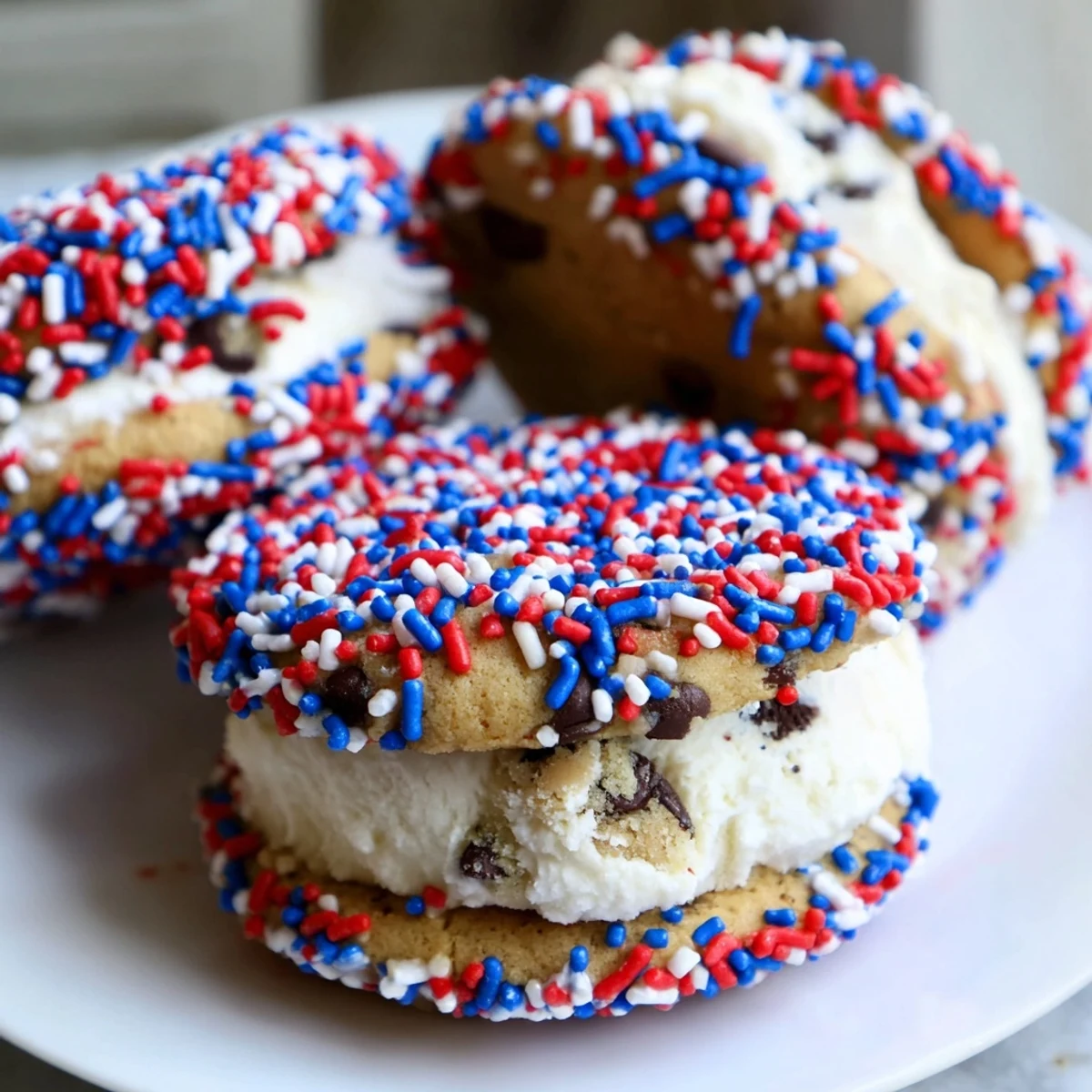 Colorful Patriotic Mini Ice Cream Sandwiches rolled in red, white, and blue sprinkles on a summer dessert tray