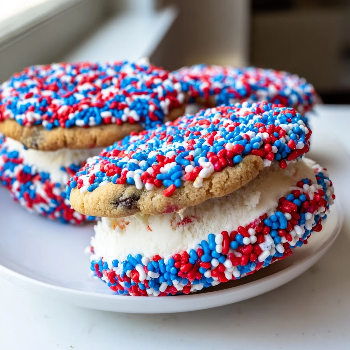 Bite-sized Patriotic Mini Ice Cream Sandwiches with vanilla filling and bright rainbow sprinkles for Fourth of July