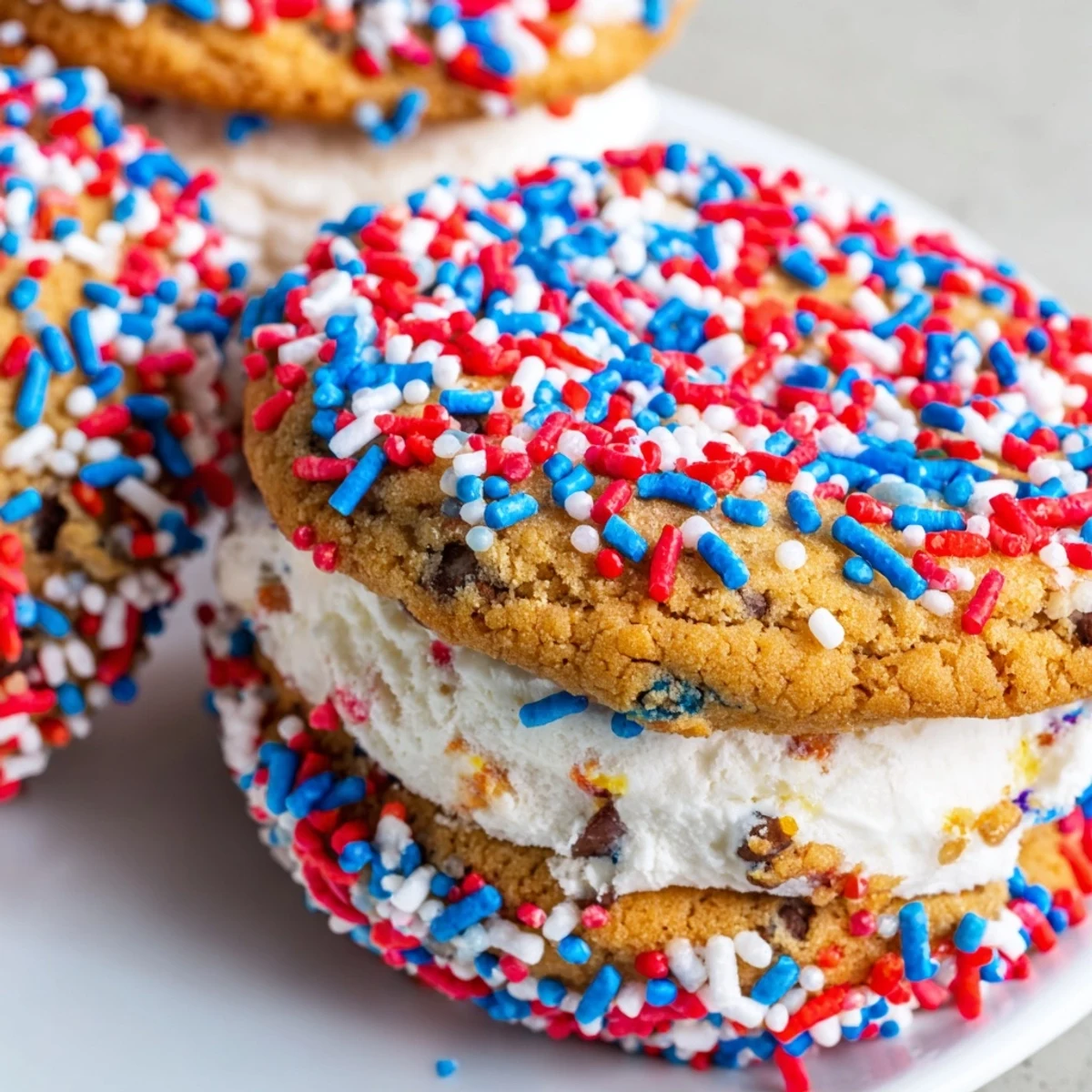 Chewy cookies sandwiching creamy ice cream in these festive Patriotic Mini Ice Cream Sandwiches with colorful edges