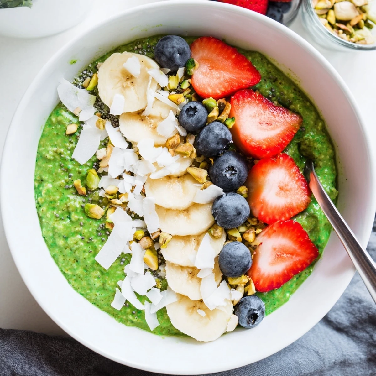 Vibrant green matcha overnight oats in a mason jar with sliced banana