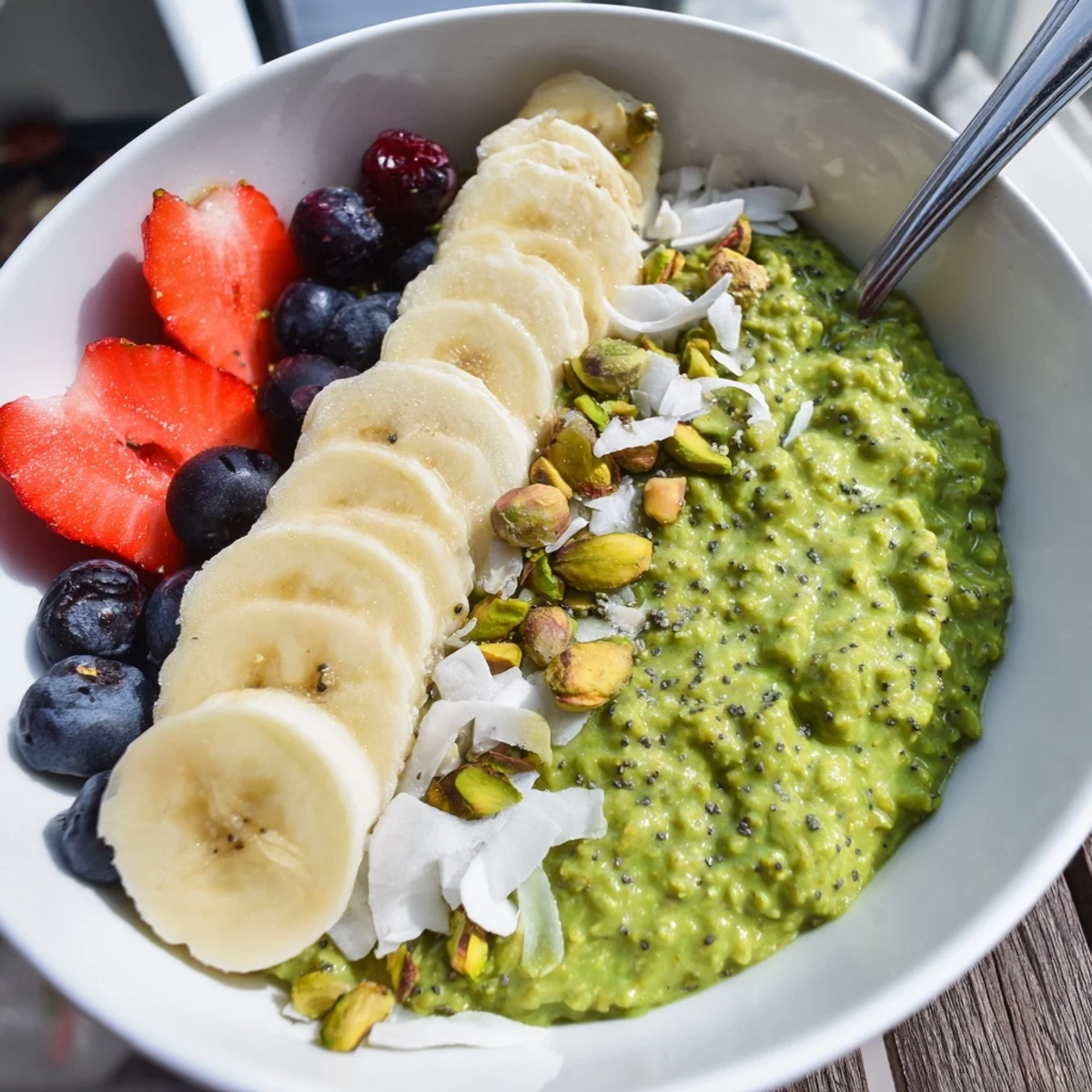 Creamy matcha overnight oats topped with fresh berries and toasted coconut flakes
