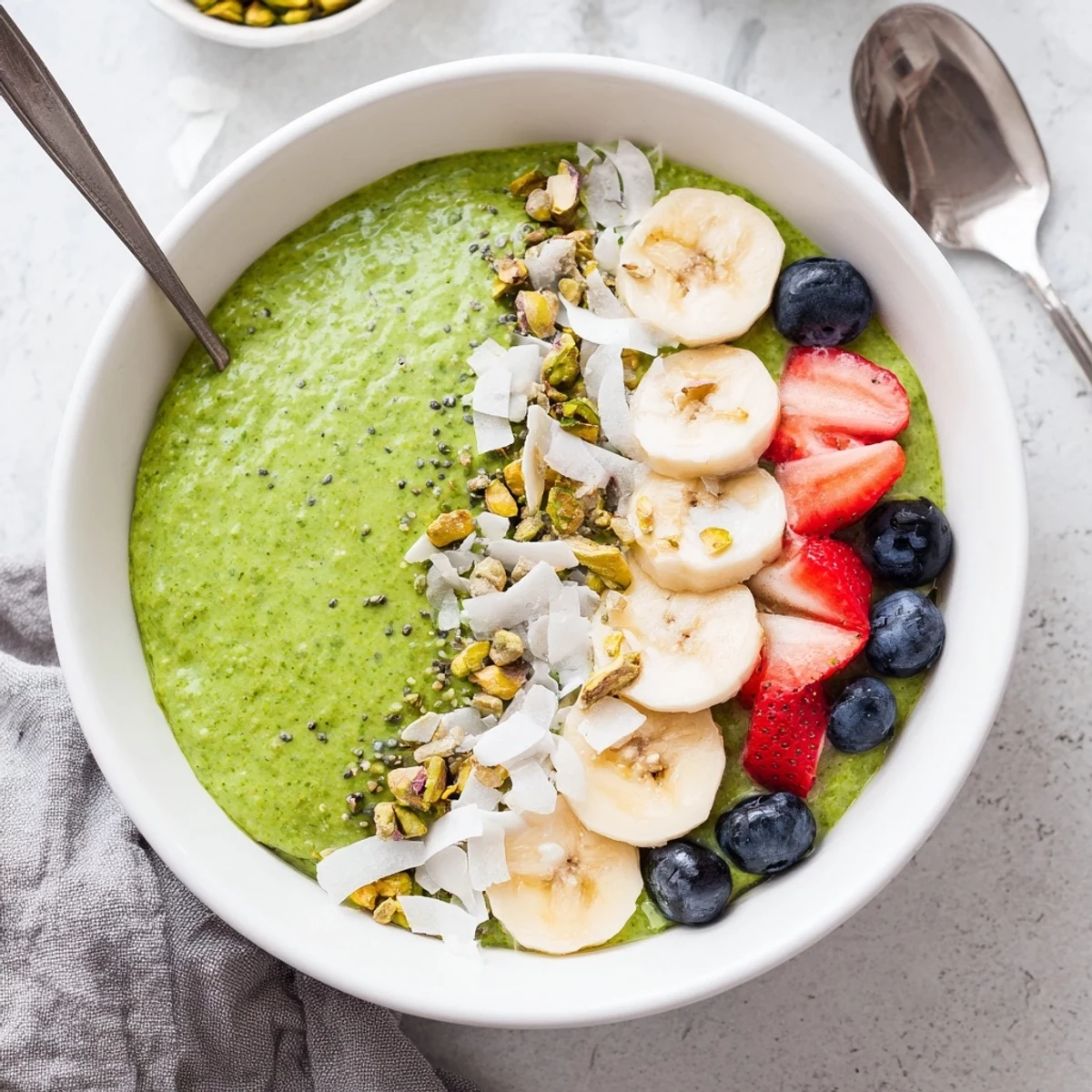 Spoonful of thick matcha overnight oats garnished with chopped pistachios and honey drizzle