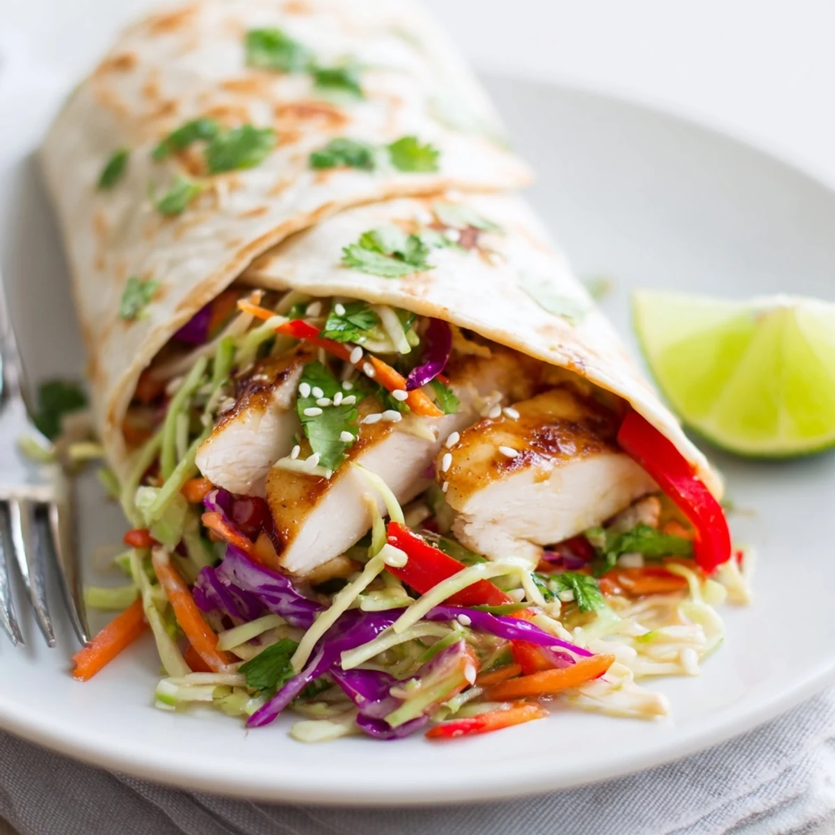 Golden grilled chicken strips nestled in soft wraps over colorful cabbage slaw for Thai chicken wraps.