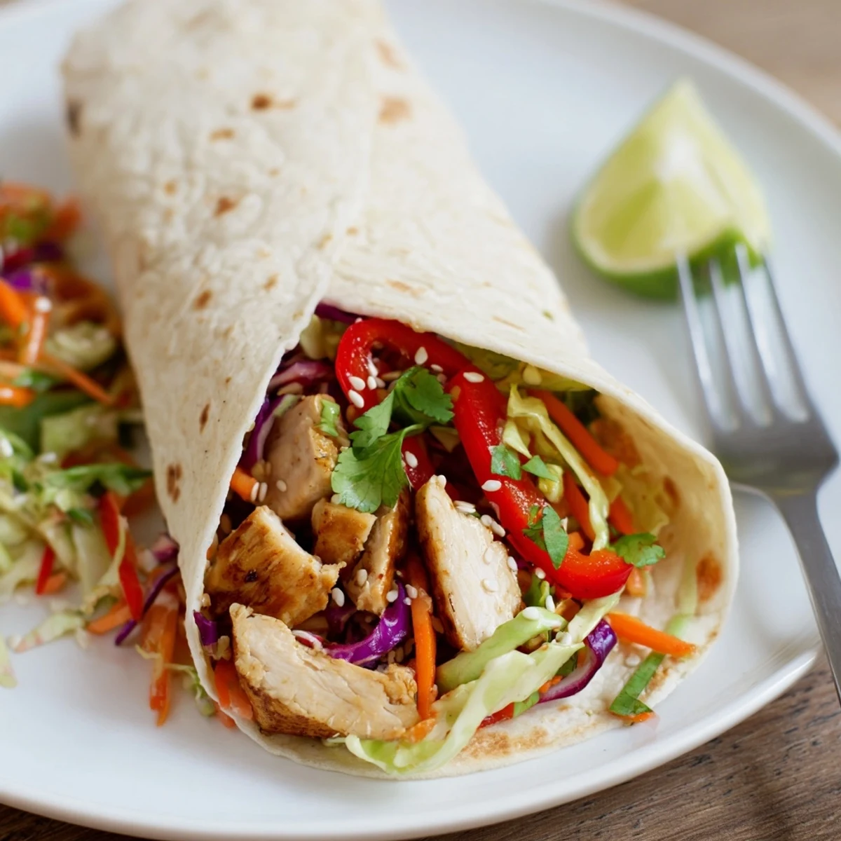 Juicy sliced chicken wrapped in a warm tortilla with crunchy Asian slaw for Thai chicken wraps.