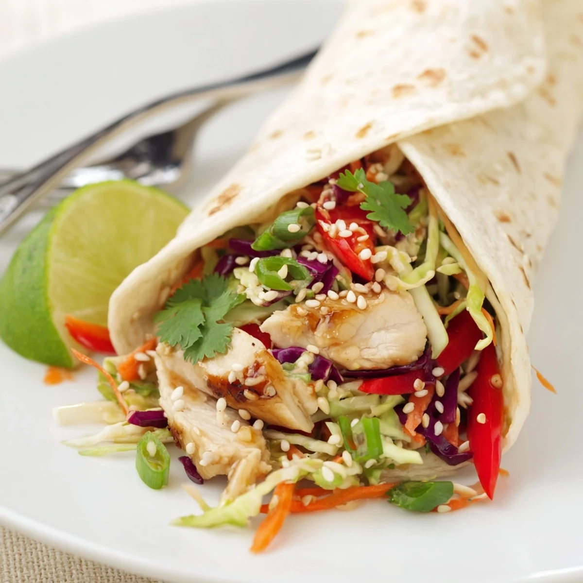 Savory marinated chicken rolled into flour tortillas with tangy crisp slaw for Thai chicken wraps.