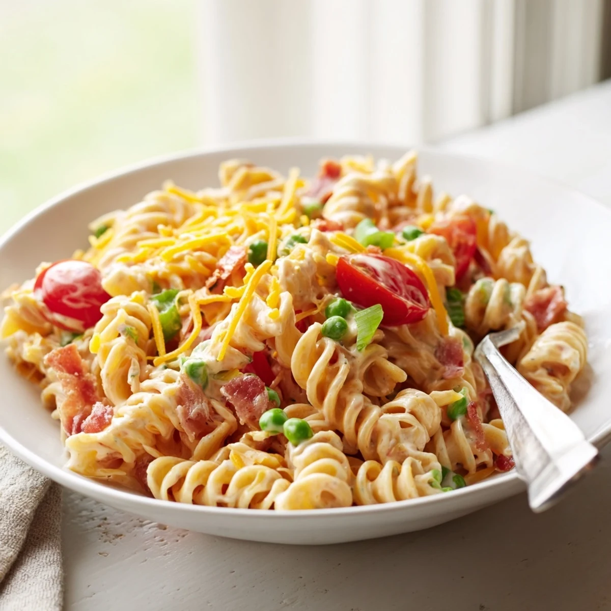 A bowl of creamy crack pasta salad loaded with colorful veggies and crispy bacon bits