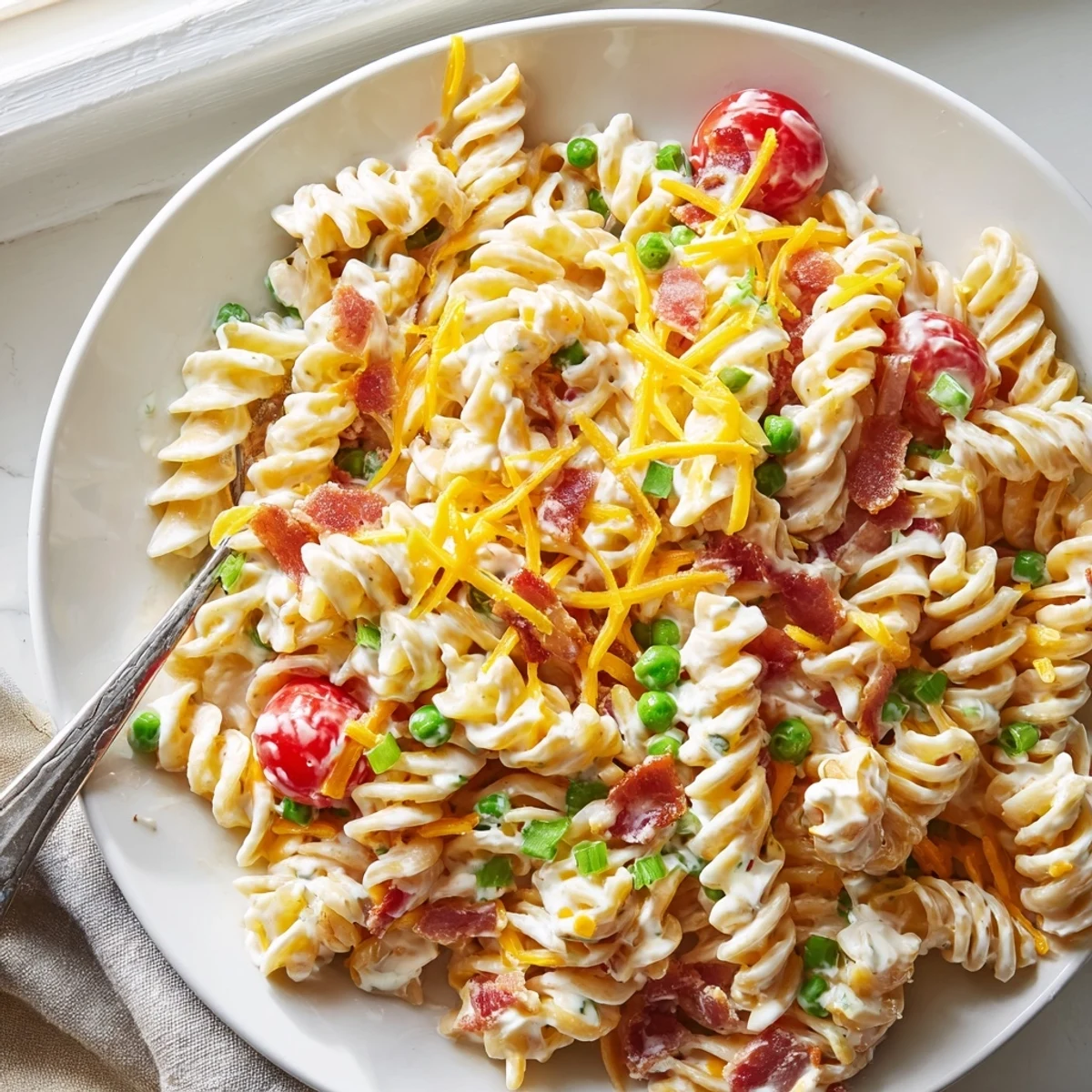 Chilled addictive crack pasta salad tossed in tangy ranch dressing with cheddar and tomatoes