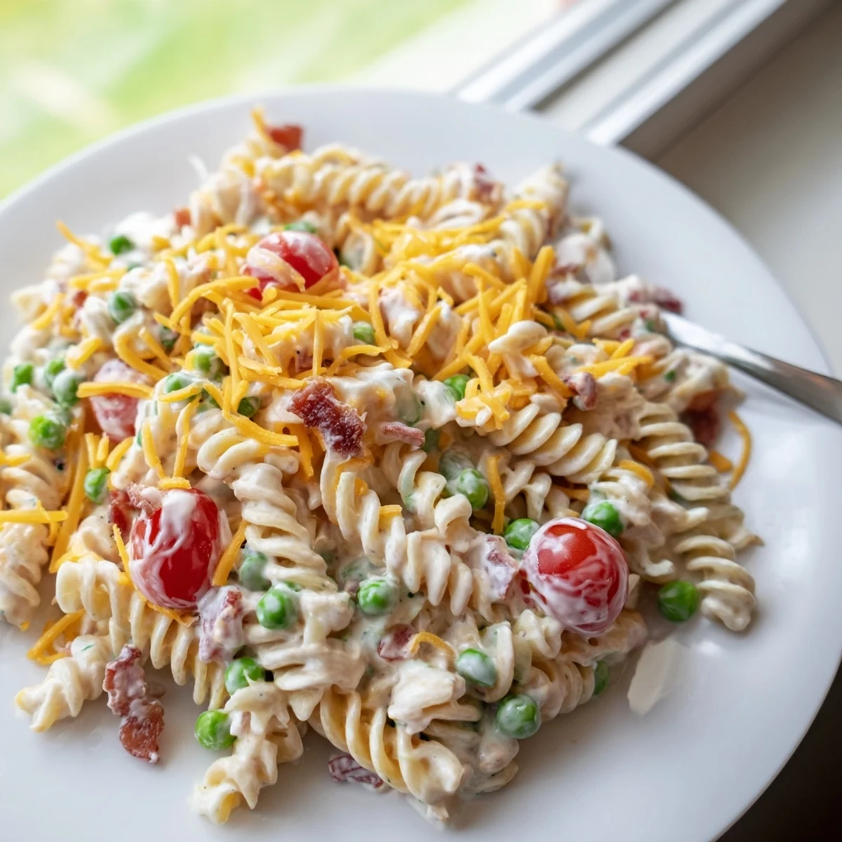 Heaping plate of crack pasta salad sprinkled with green onions and shredded cheese ready to serve