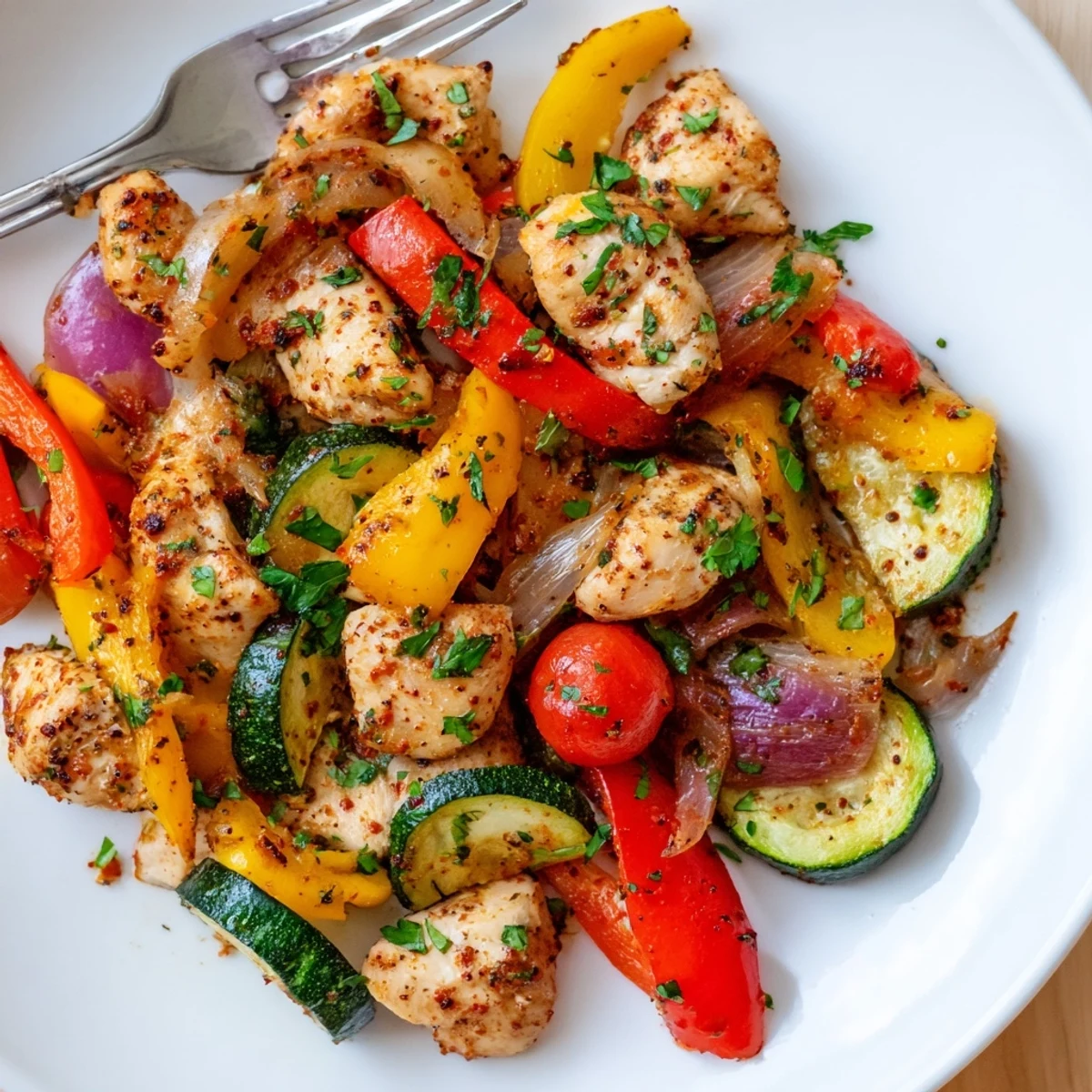 Quick flavorful one pan dish with golden chicken and colorful roasted vegetables