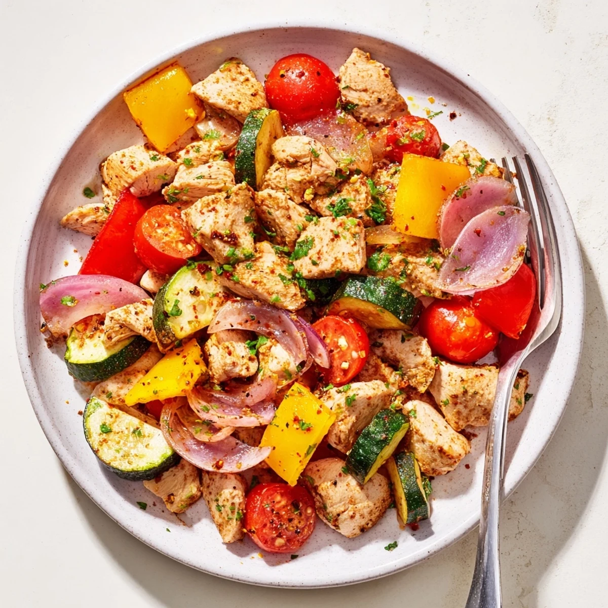 Quick flavorful one pan dish featuring tender chicken and tender crisp bell peppers