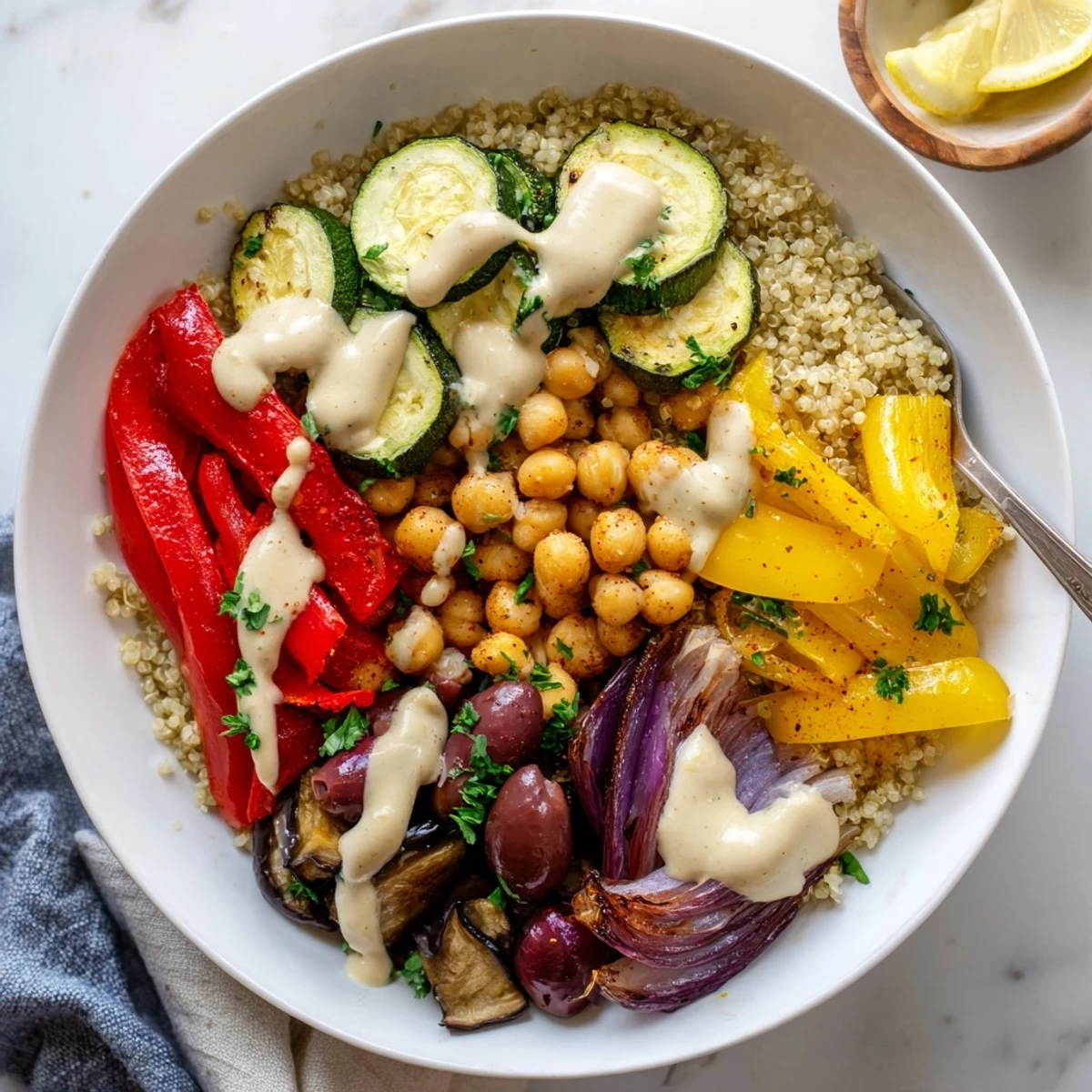 Golden roasted zucchini, eggplant, and chickpeas in a vegan Mediterranean roasted vegetables bowl drizzled with creamy tahini dressing