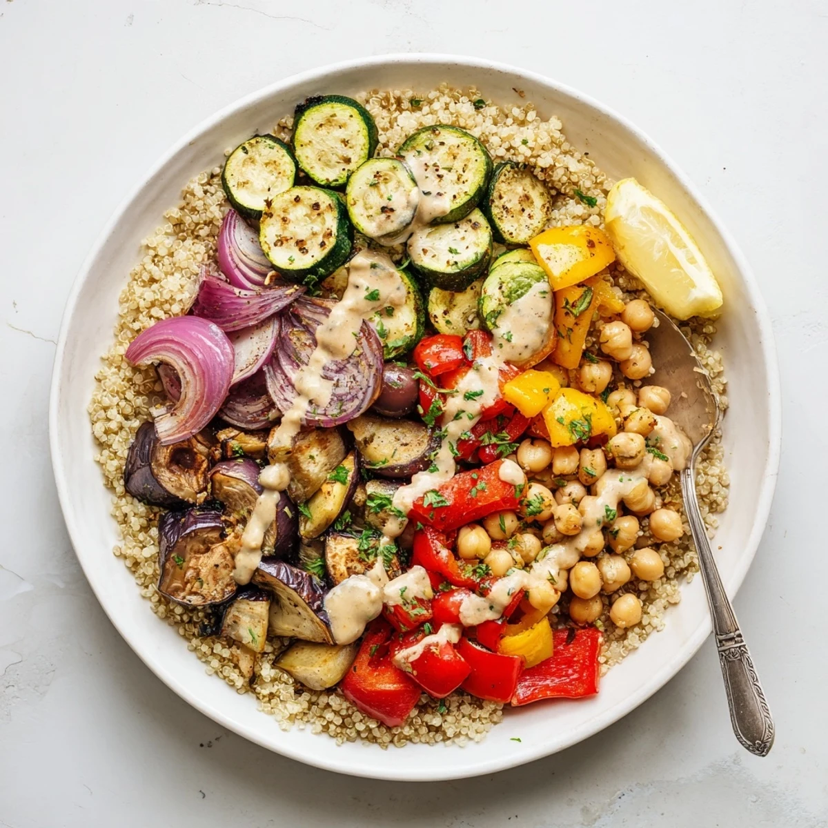 A warm vegan Mediterranean roasted vegetables bowl topped with zesty lemon tahini sauce, fresh parsley, and kalamata olives