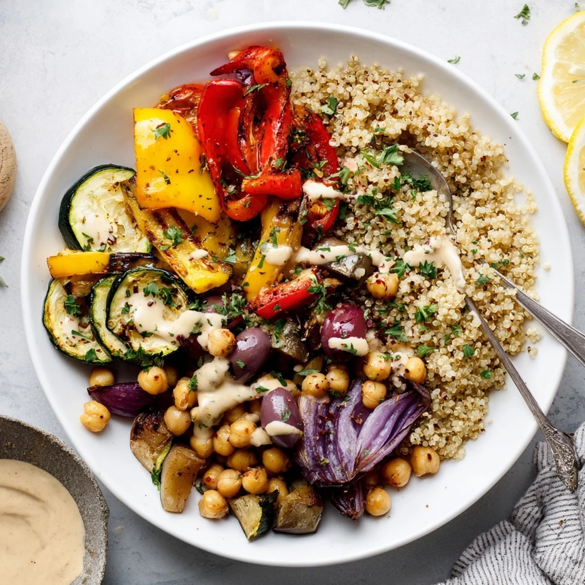 Crispy smoked paprika vegetables and tender chickpeas served in a vegan Mediterranean roasted vegetables bowl over fluffy quinoa