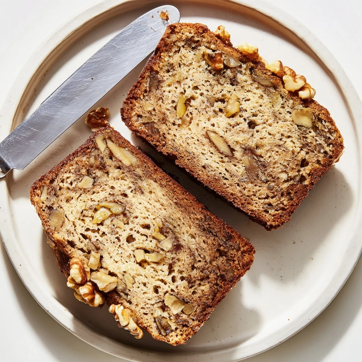 Moist banana nut bread sliced thick with visible chunks of crunchy toasted walnuts