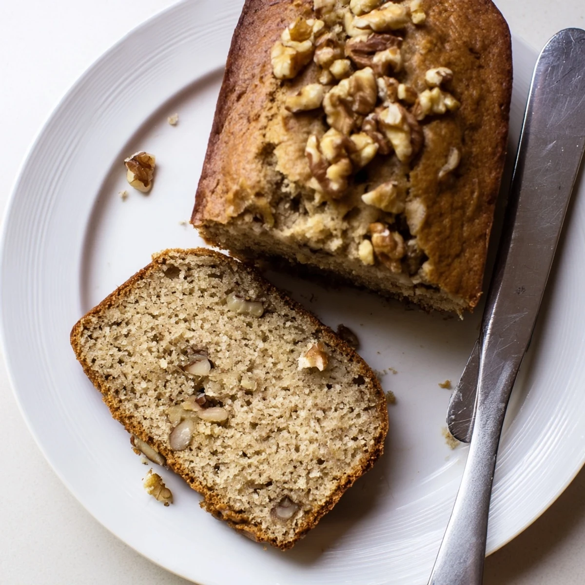 Golden banana nut bread loaf topped with walnuts on a rustic cutting board