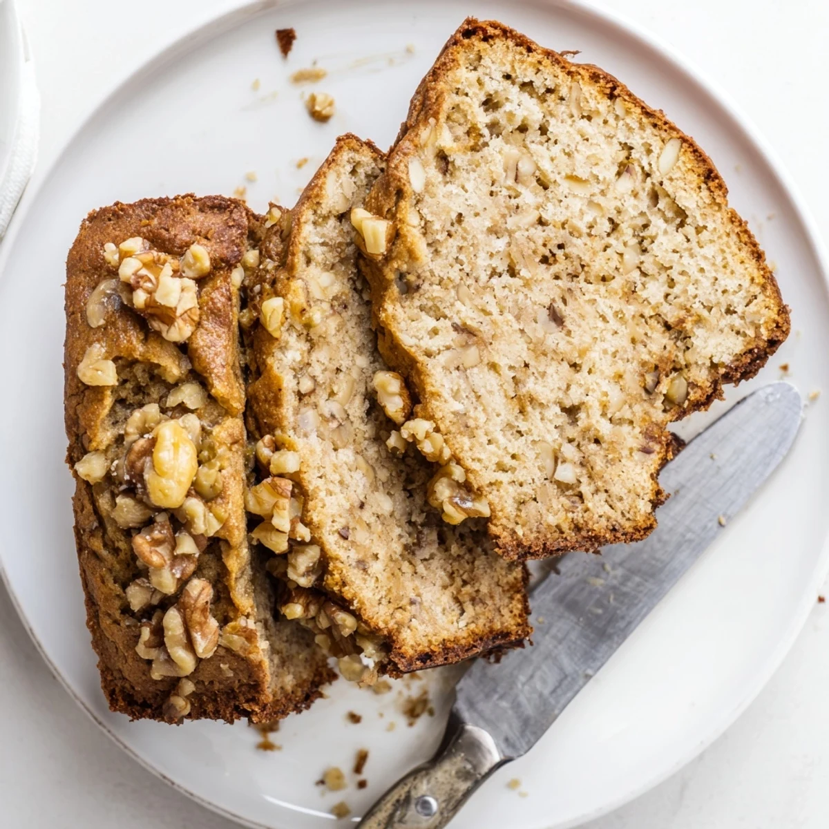 Warm banana nut bread fresh from the oven dusted with cinnamon and pecans
