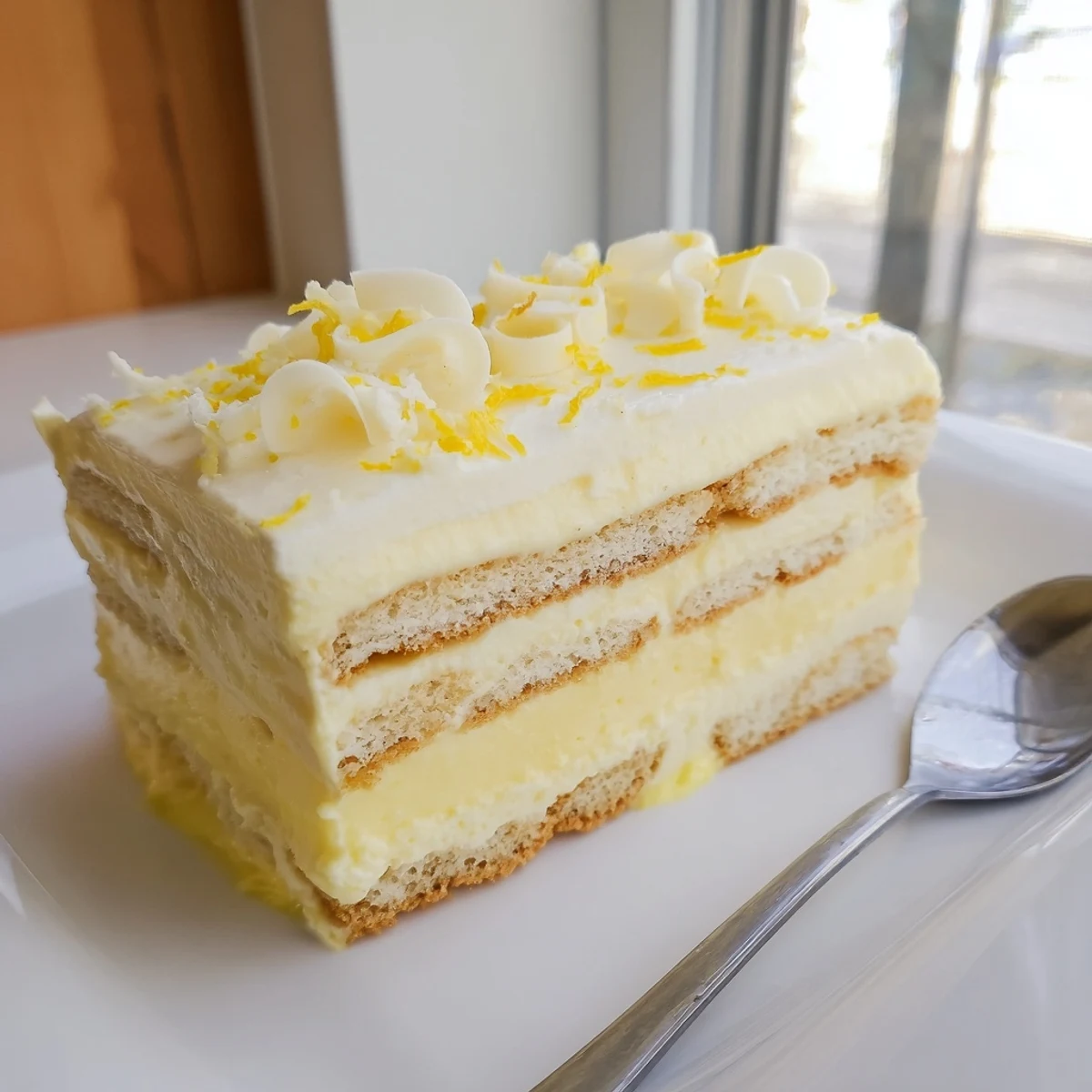 Creamy lemon tiramisu layered with syrup-soaked ladyfingers and bright citrus zest