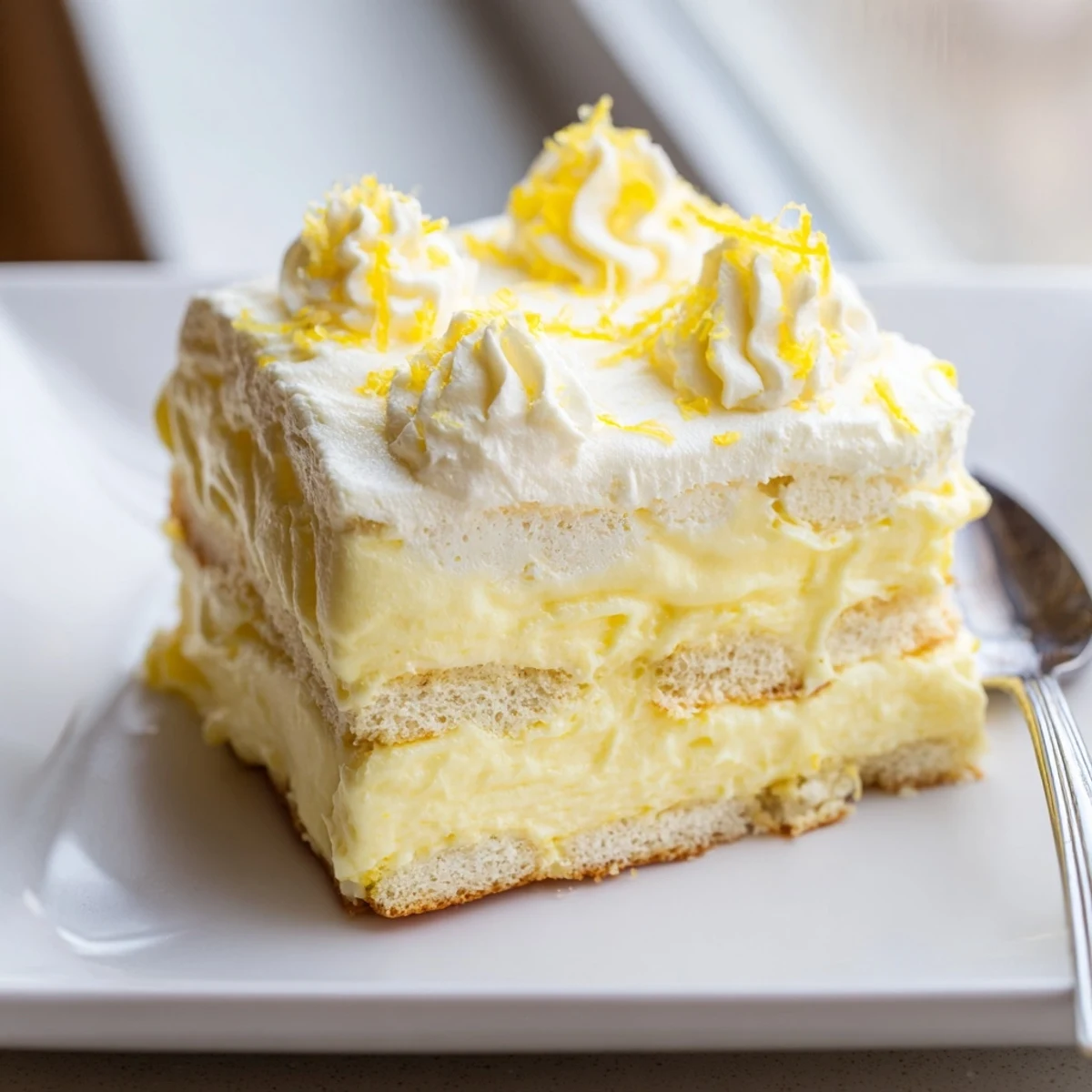 No bake lemon tiramisu sliced into squares topped with white chocolate curls
