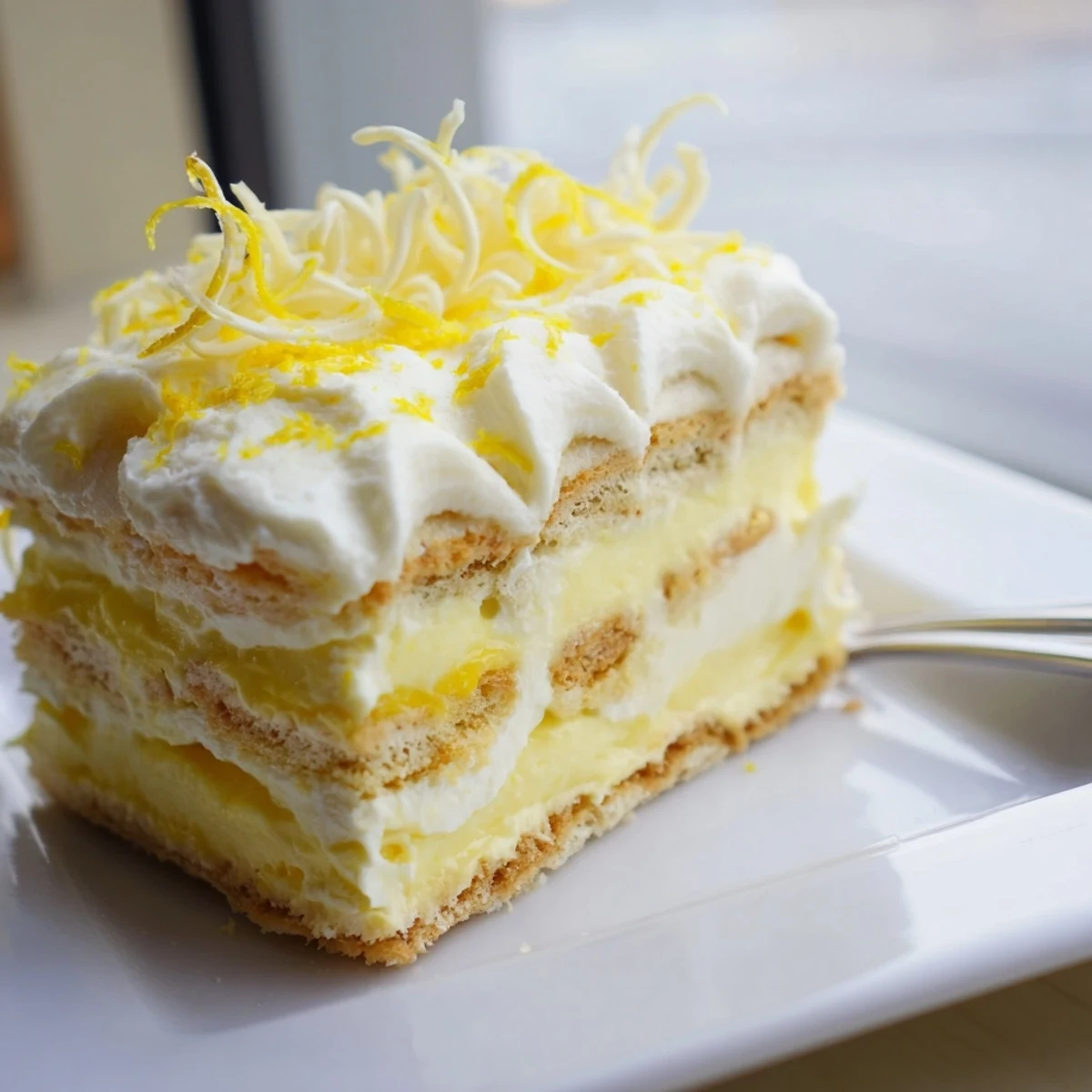 Chilled lemon tiramisu served in a glass dish with fresh mint and zest