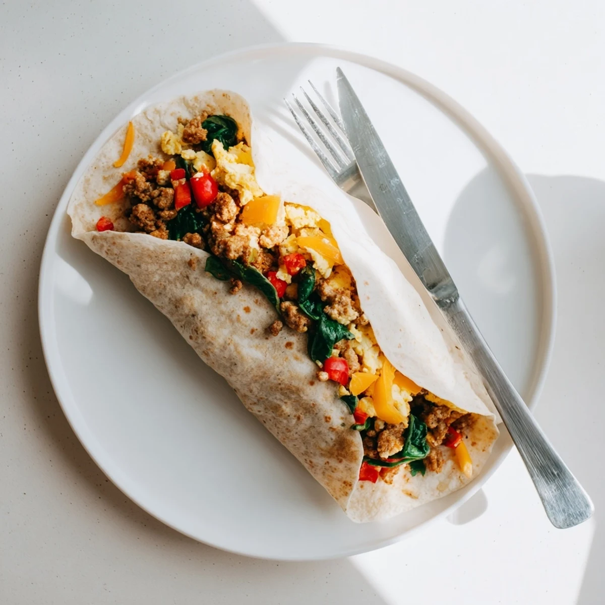 Warm freezer breakfast burritos with peppers, onions, and cheesy egg filling ready to eat