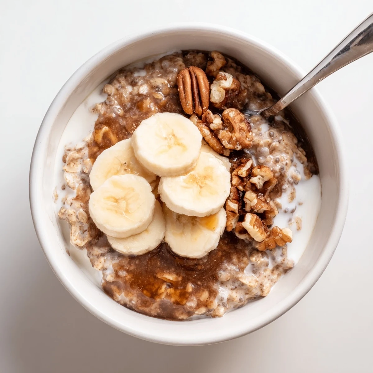 Brown Sugar Coffee Overnight Oats topped with sliced banana, toasted pecans, chilled.