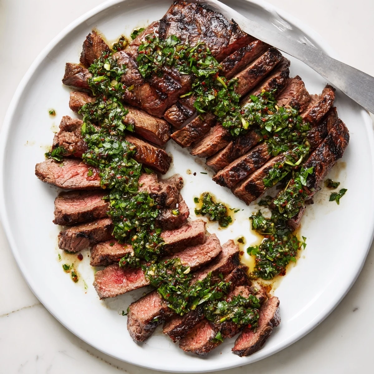 Chimichurri Steak Recipe: grilled ribeye sliced, juicy, herbaceous sauce glistening on top