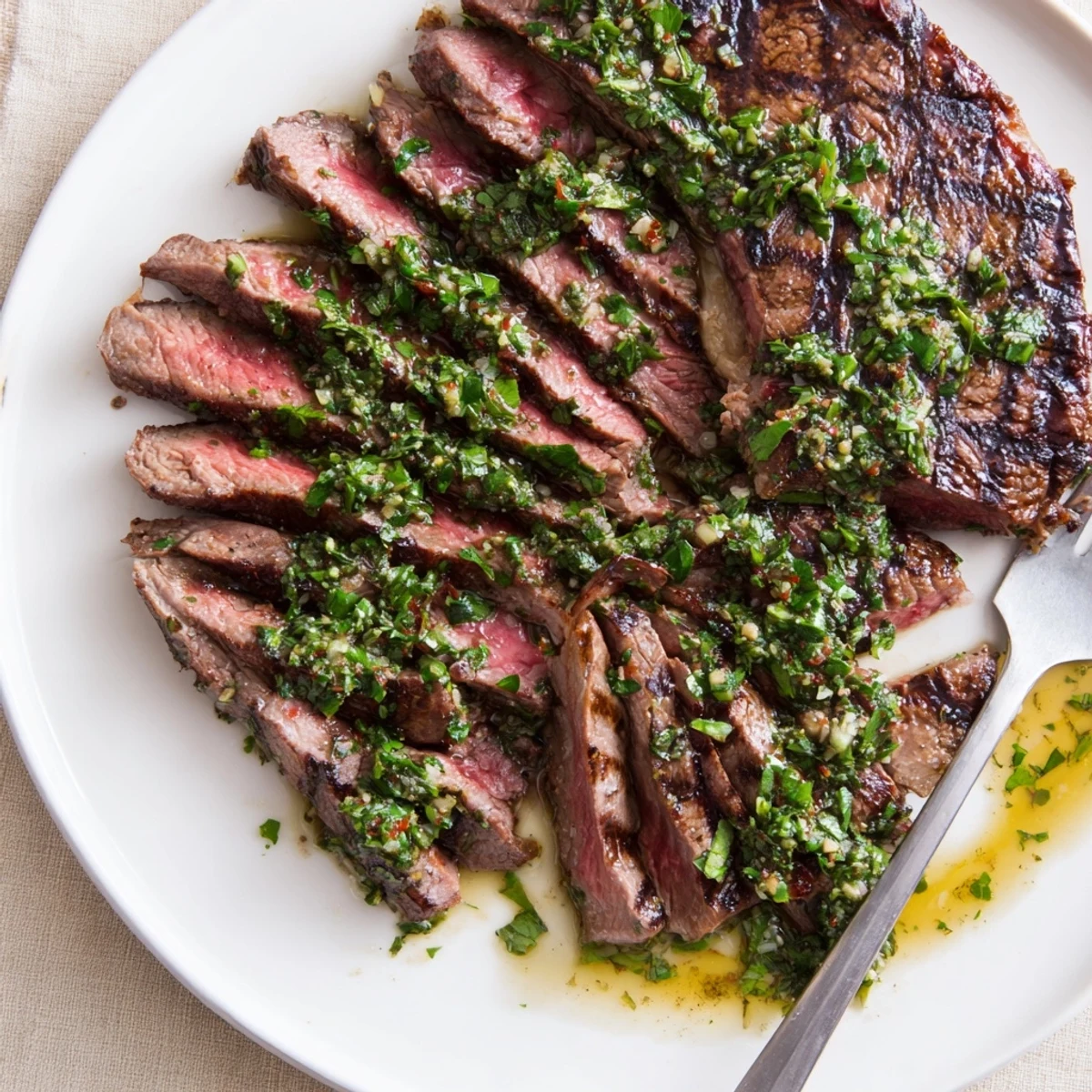 Sliced Chimichurri Steak Recipe served hot with charred edges and vibrant parsley
