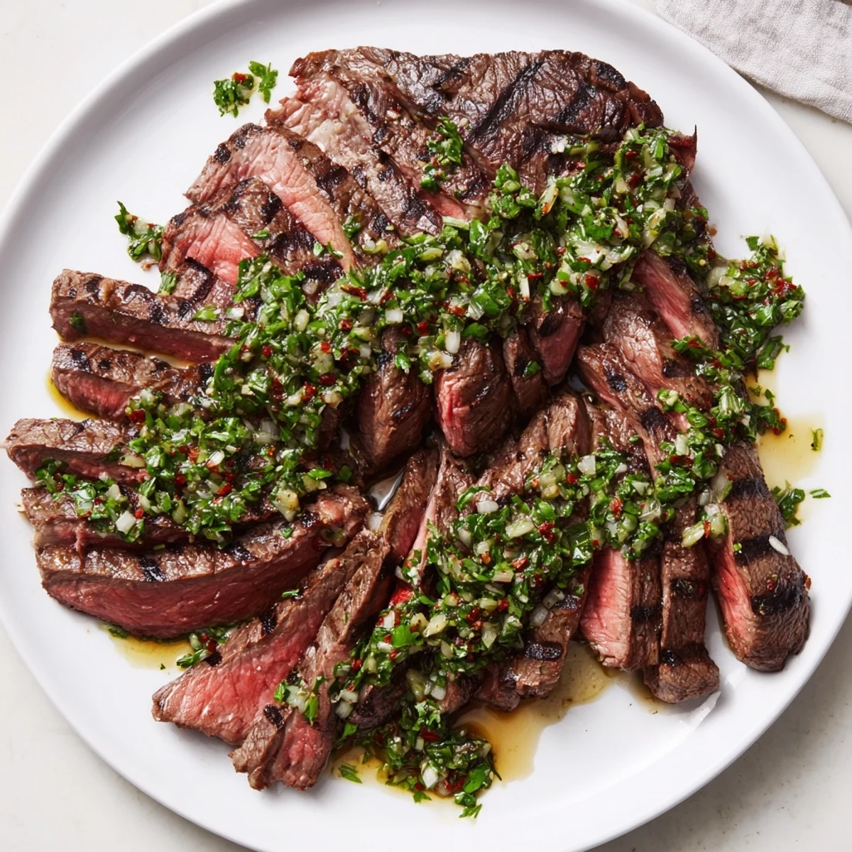 Weeknight Chimichurri Steak Recipe plated with extra sauce, lemon brightness, smoky grill