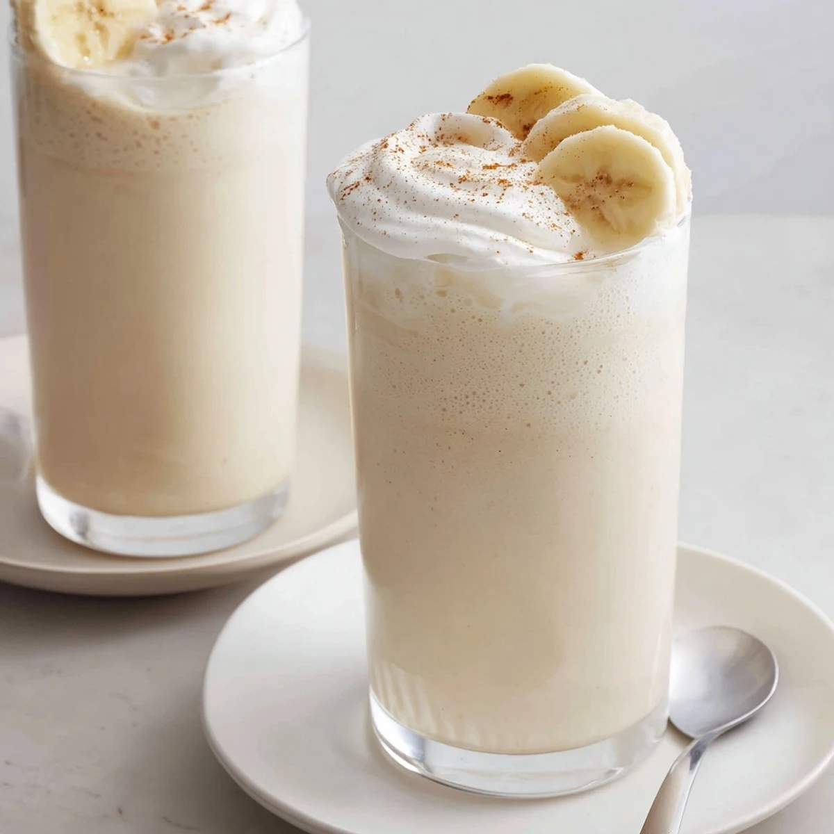 Creamy chilled Vanilla Banana Shake topped with whipped cream and cinnamon sprinkle