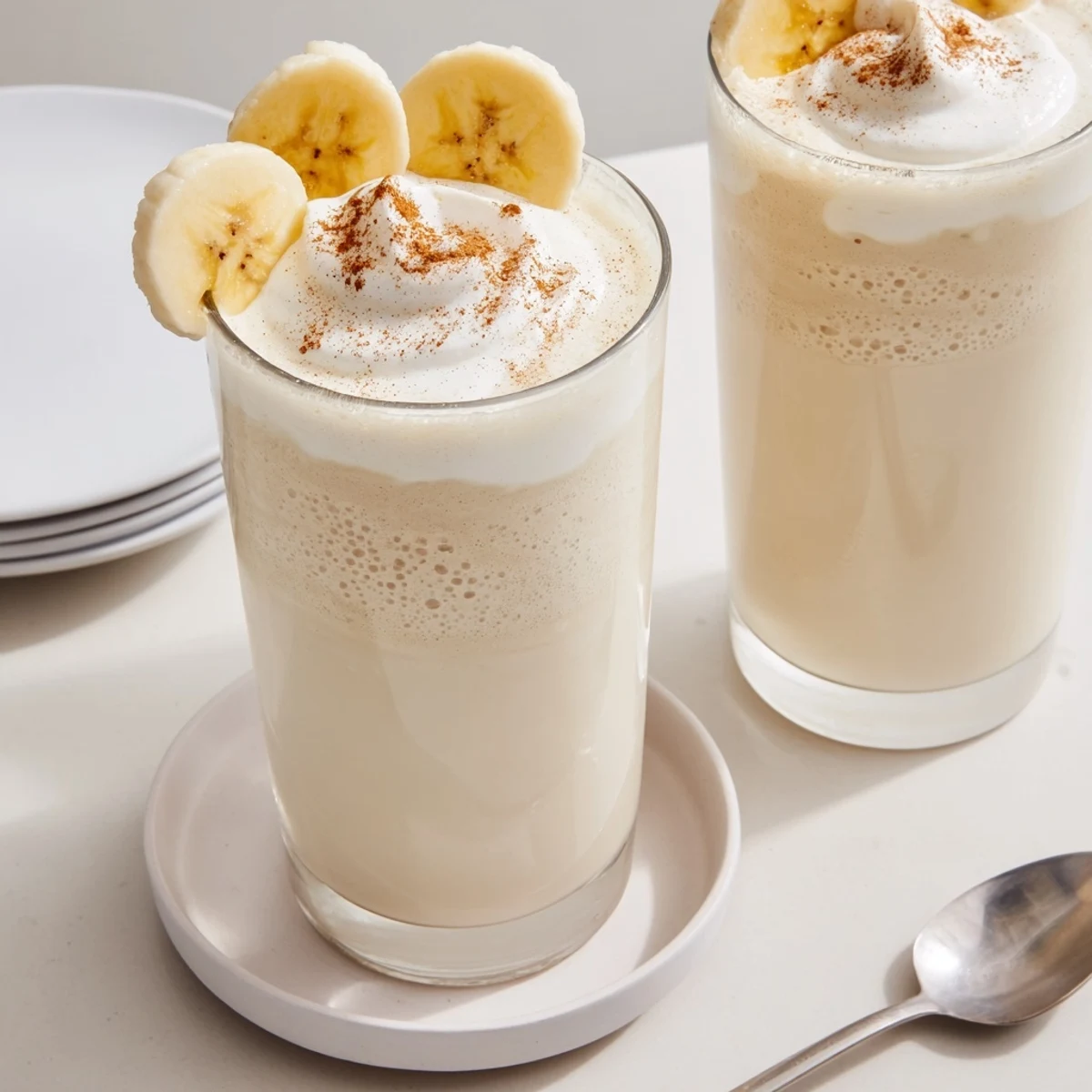 Thick frozen Vanilla Banana Shake garnished with banana slices, ideal afternoon treat
