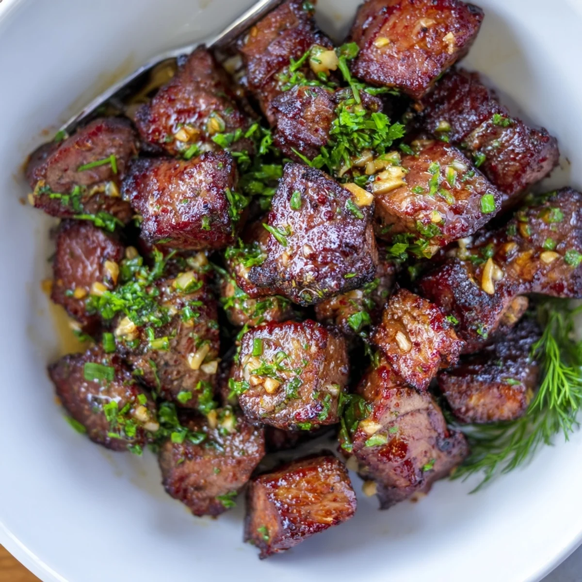 Cowboy Butter Steak Bites Recipe sizzling in skillet, glossy butter and herbs.