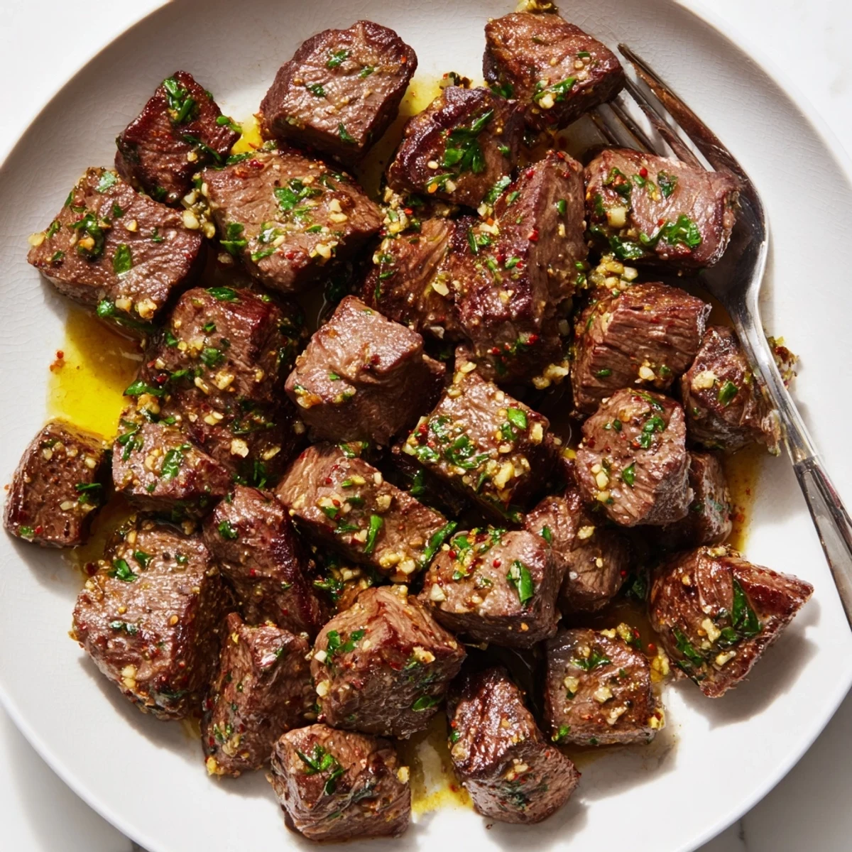 Pan seared Cowboy Butter Steak Bites Recipe tossed with garlic, lemon, herbs.