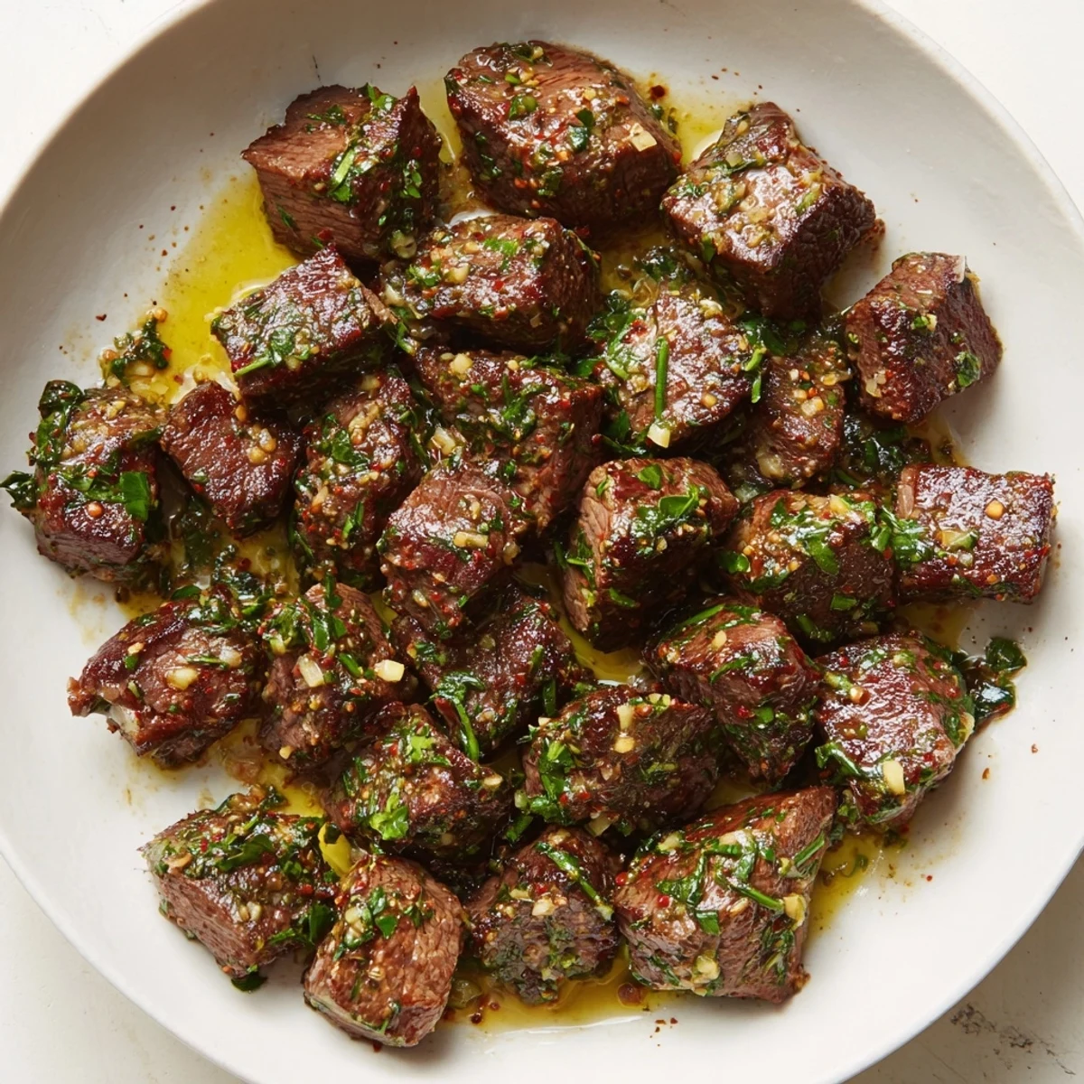 Cowboy Butter Steak Bites Recipe served with roasted potatoes, aromatic garlic butter.