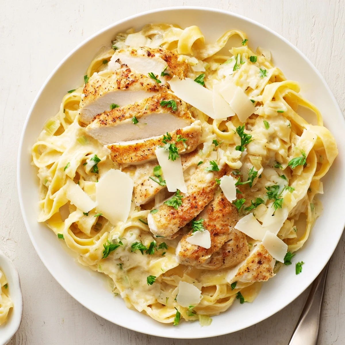 Creamy Garlic Chicken Pasta steaming in a bowl, tender chicken, silky sauce.