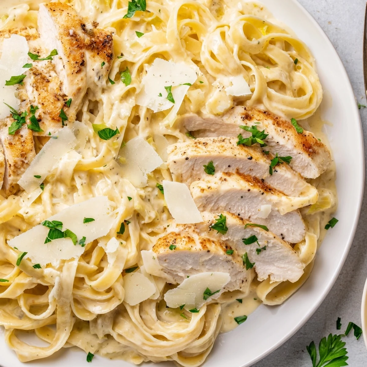 Plate of Creamy Garlic Chicken Pasta garnished with parsley and grated Parmesan.