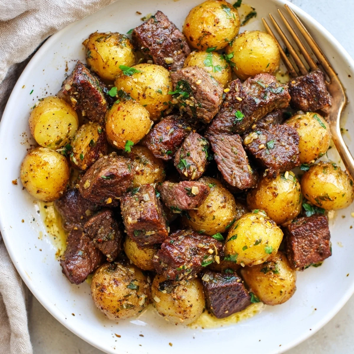 Garlic Steak Bites and Potatoes sizzling in garlic butter, parsley garnish  