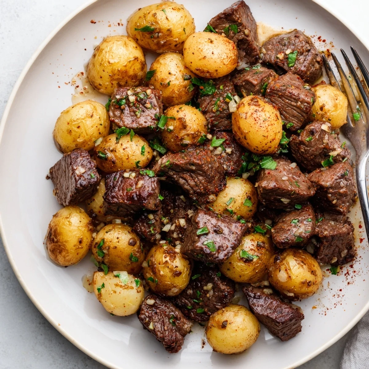 Pan-seared Garlic Steak Bites and Potatoes with golden crispy potato edges  