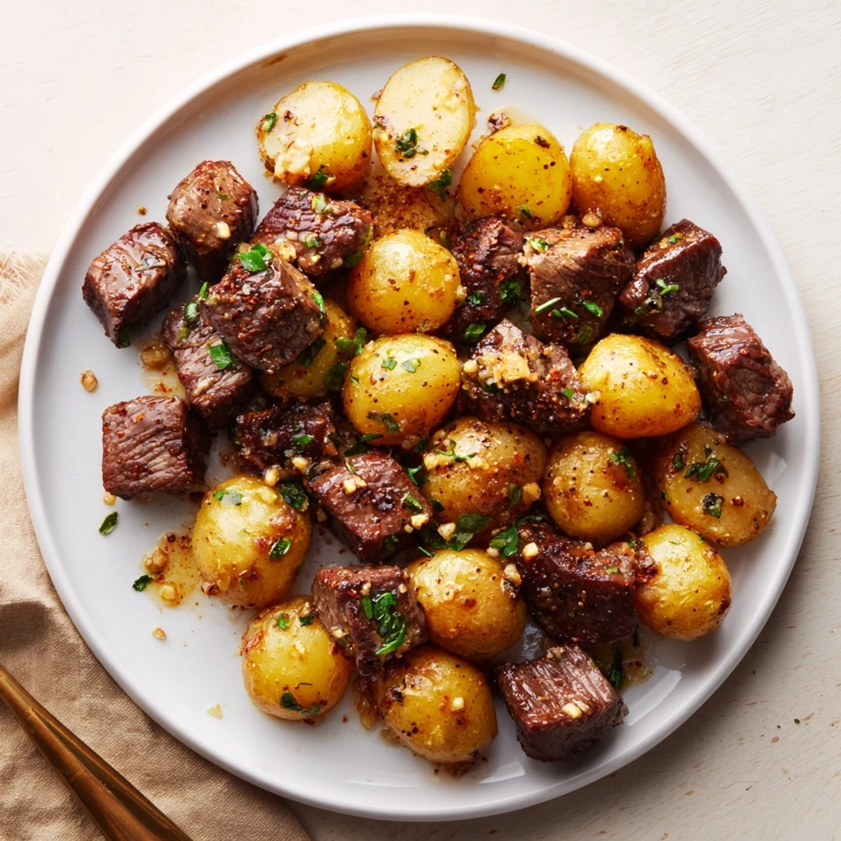 Weeknight Garlic Steak Bites and Potatoes tossed in warm lemony butter sauce