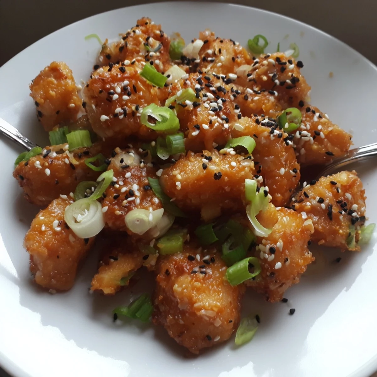 Bang Bang Salmon Bites Recipe plated warm with jasmine rice and cilantro garnish