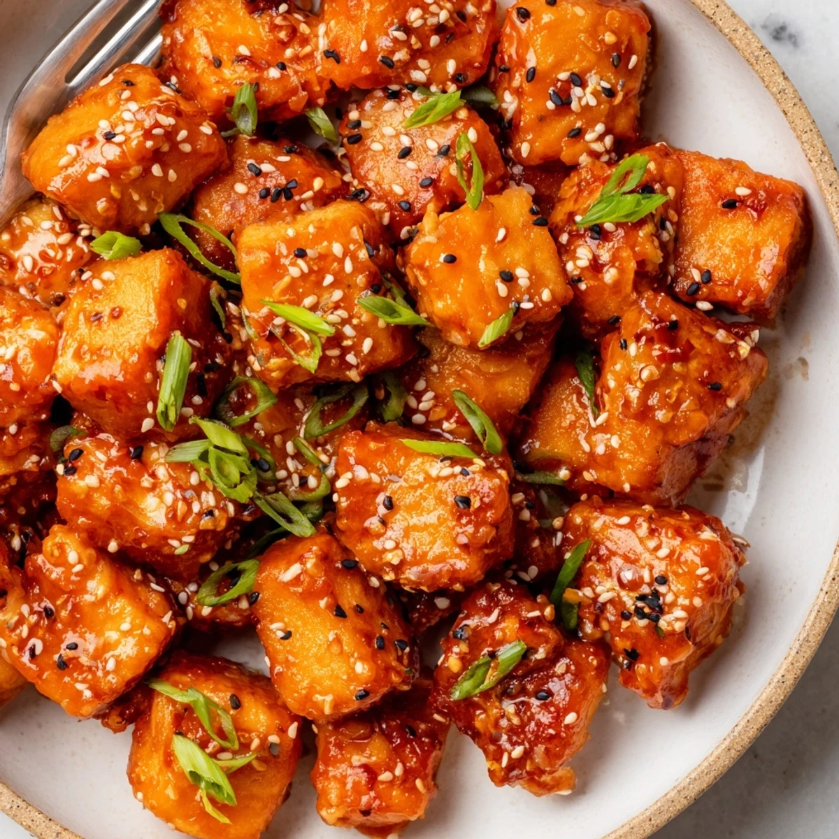 Homestyle Bang Bang Salmon Bites Recipe: spicy-sweet glaze, green onions and sesame