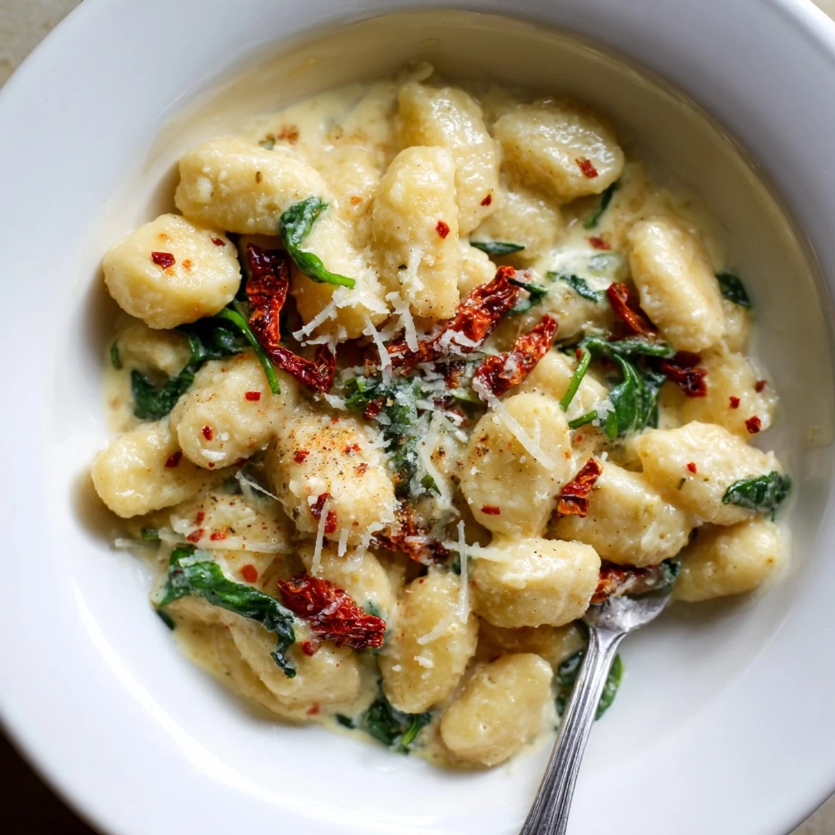 Creamy Marry Me Gnocchi with sun dried tomatoes, steaming on skillet.