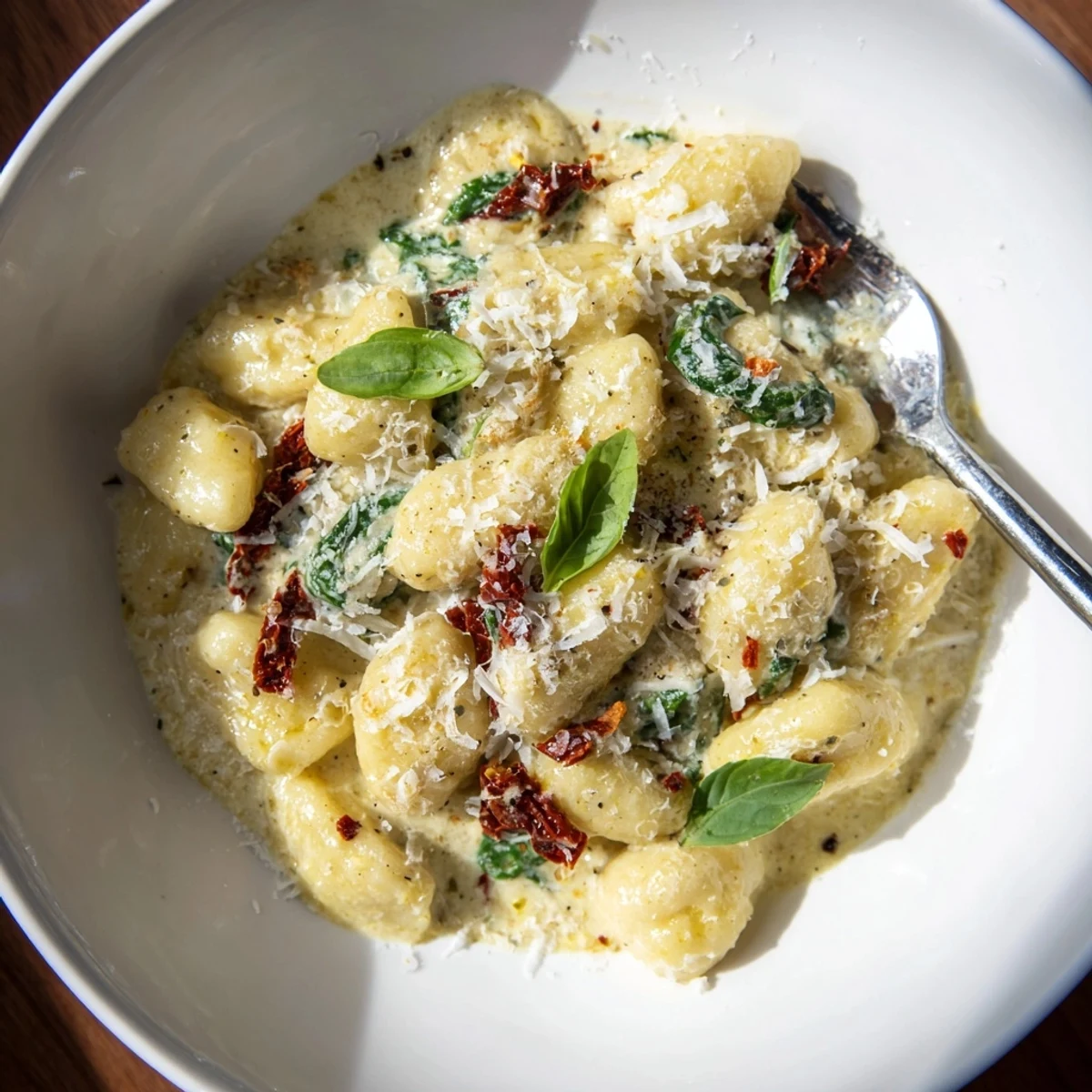 Pillowy Marry Me Gnocchi in velvety cream sauce, garnished with fresh basil.
