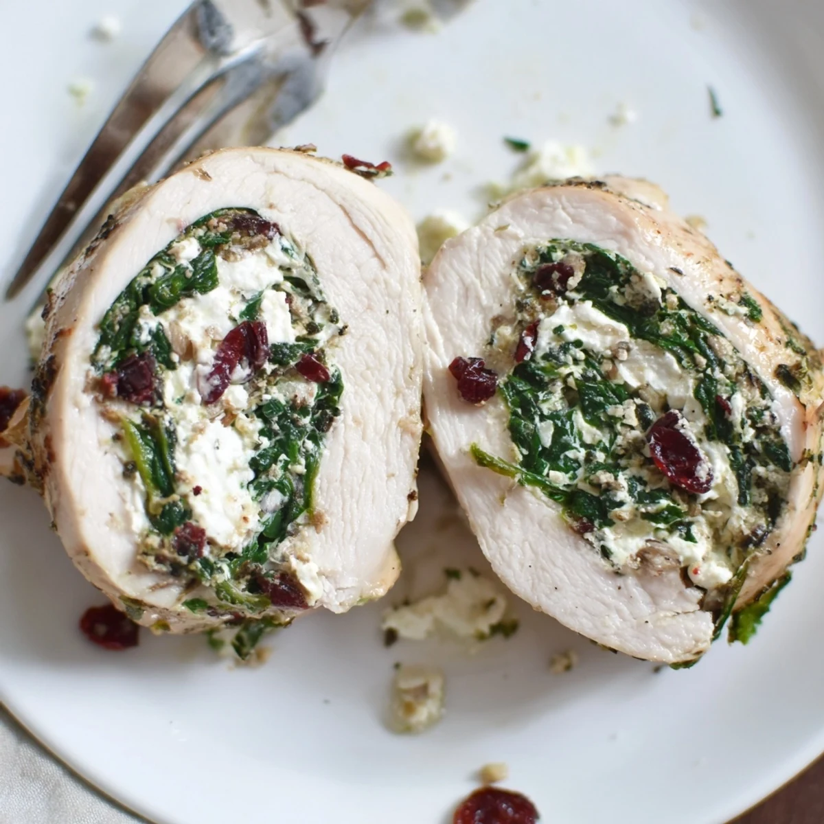 Sliced Cranberry Spinach Stuffed Chicken Breasts revealing creamy, tart filling over wild rice.