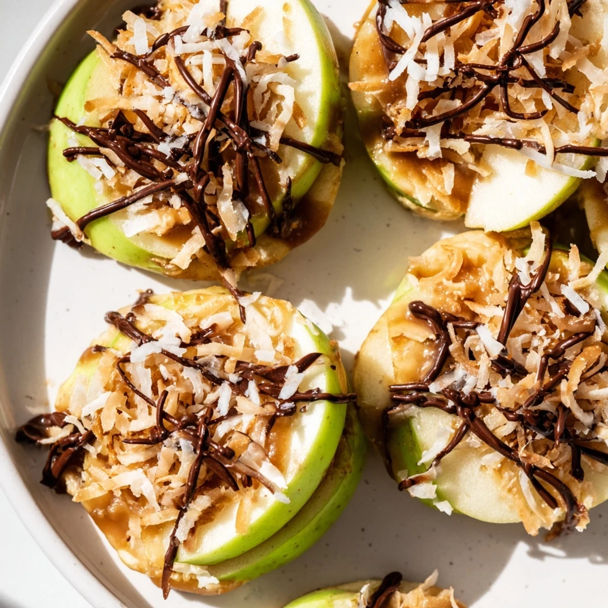 Samoa Apple Slices with gooey caramel, toasted coconut, and warm chocolate drizzle