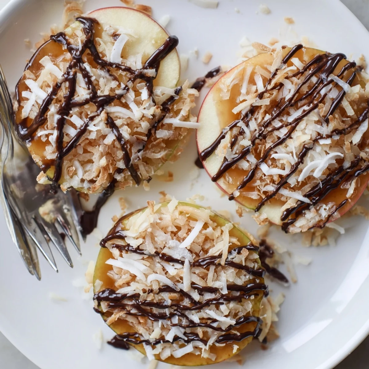 Handheld Samoa Apple Slices topped with toasted coconut, melty caramel, perfect party snack